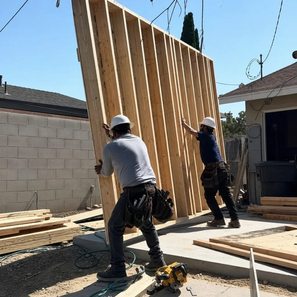 Two professional ADU builders lifting and installing a wooden wall frame