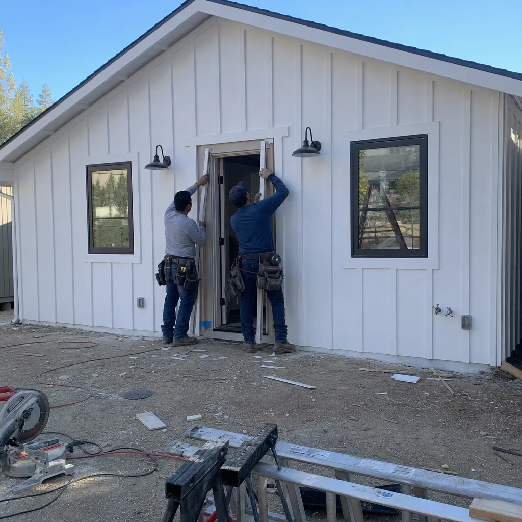 Two professional contractors installing a door frame on a modern ADU