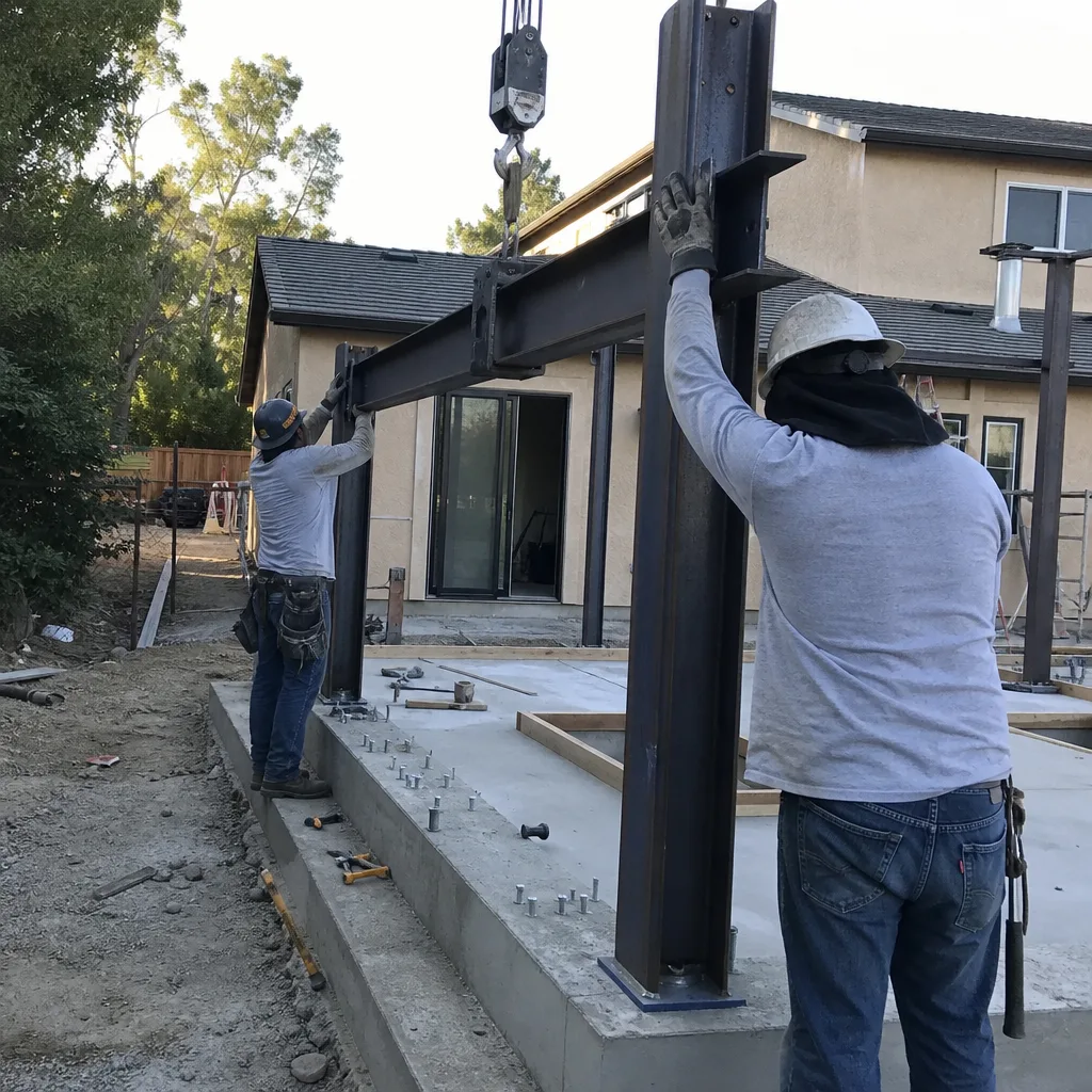 Construction workers installing a steel support beam for an ADU addition.