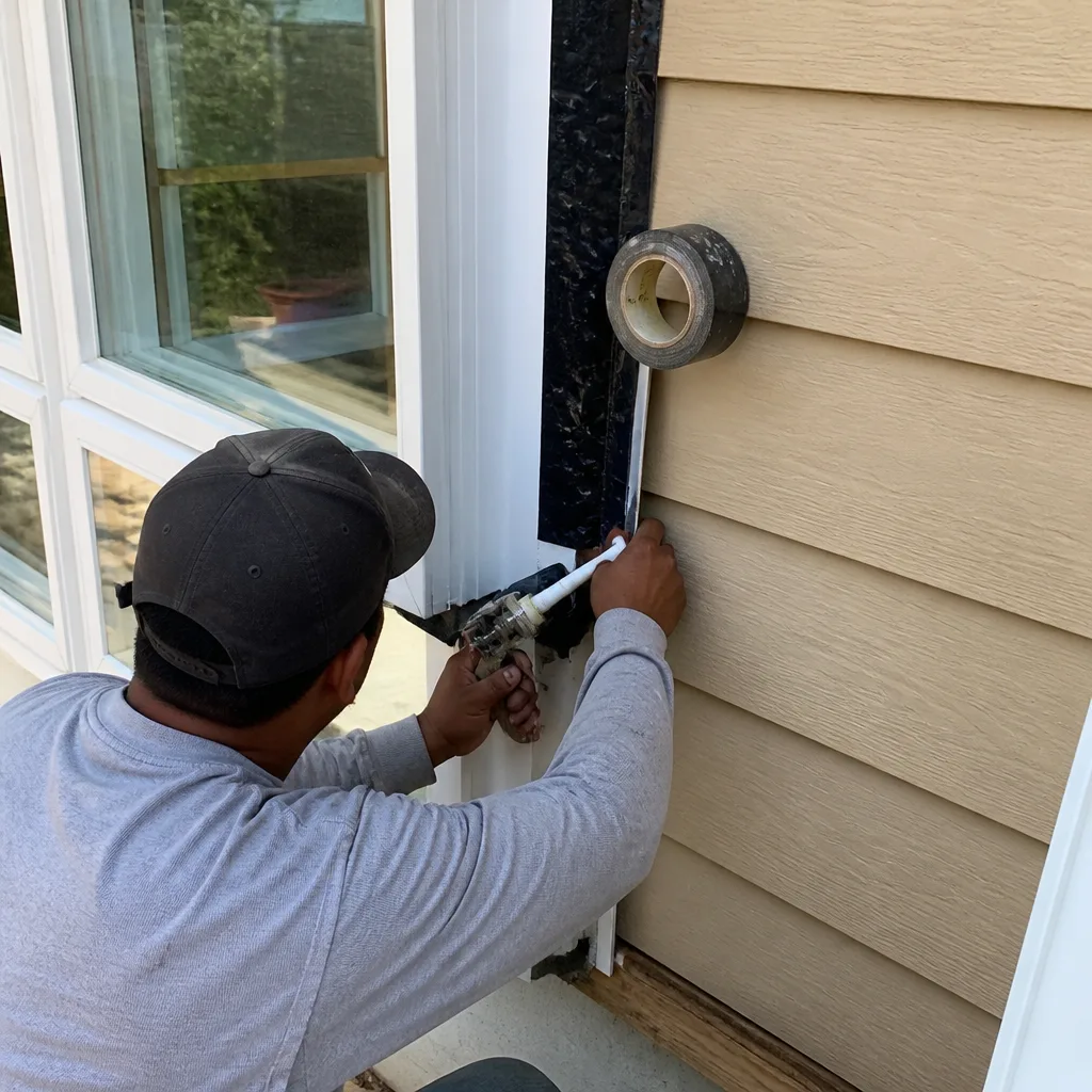 Contractor applying sealant to new window frame on home addition
