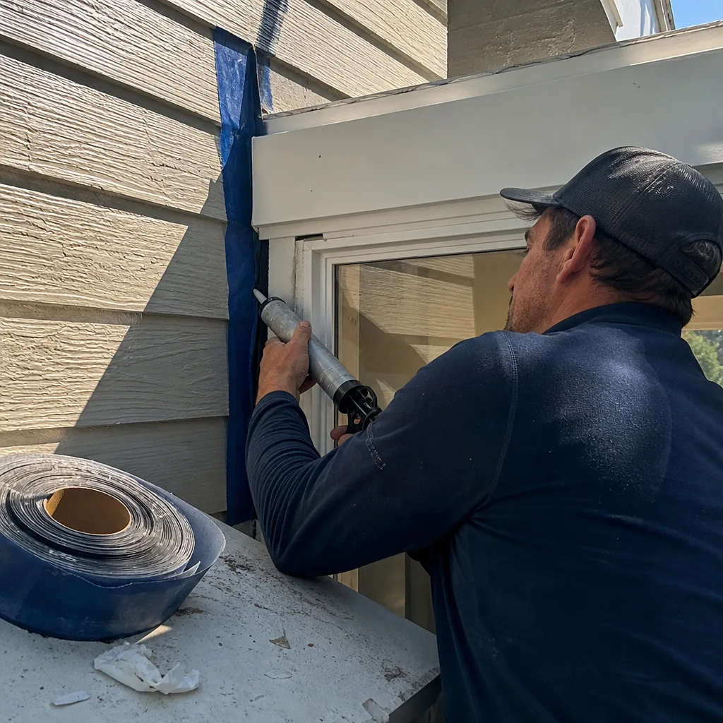 Contractor applying professional window sealant to a home addition exterior