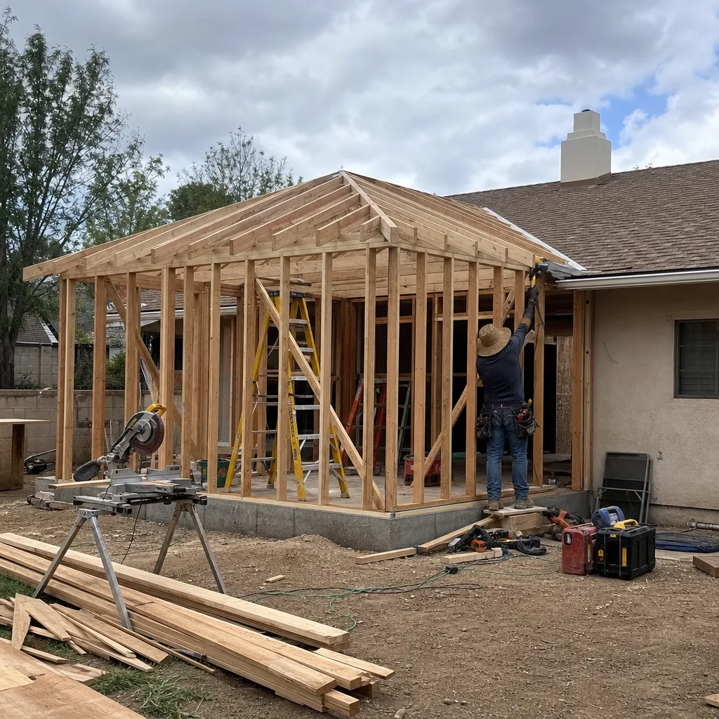 Contractor framing the roof structure of a new home addition project