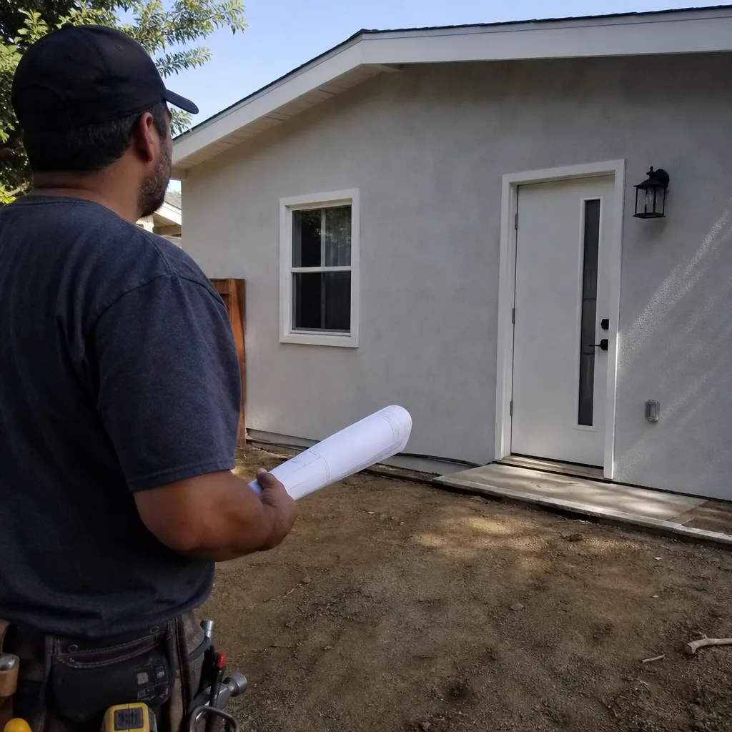 Contractor reviewing ADU building plans in front of a modern home addition