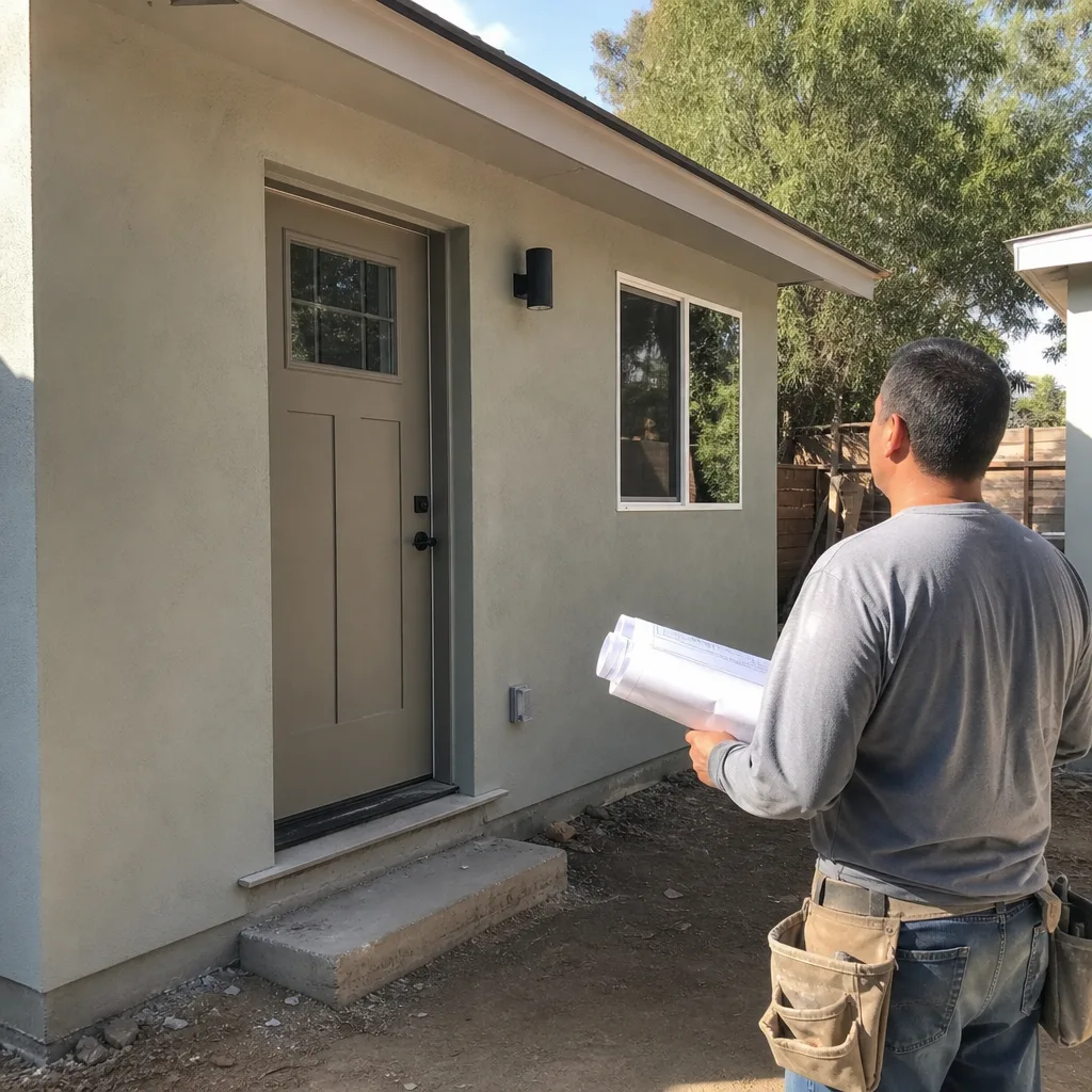 Contractor holding blueprints in front of a newly constructed accessory dwelling unit