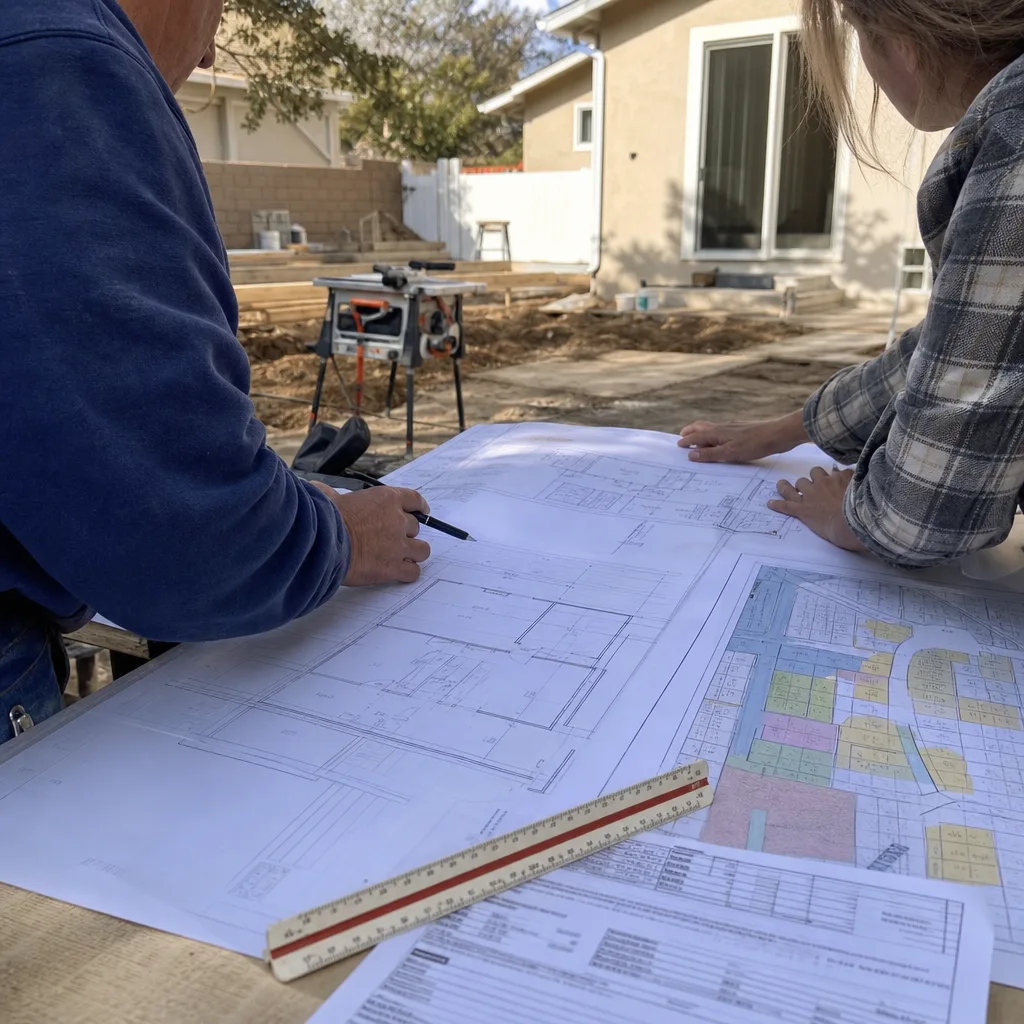 Contractor and client reviewing architectural blueprints for home addition project